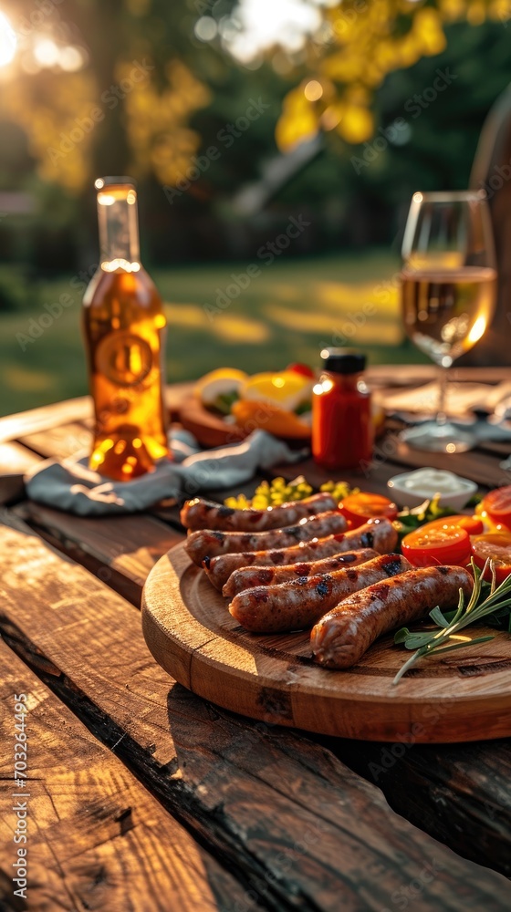 Delicious sausages on a wooden serving plate