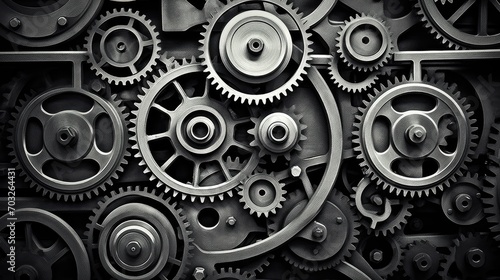 Retro black and white background of industrial cogs or gears with movement