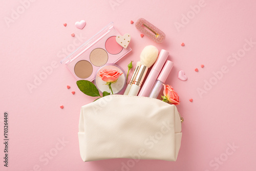 Unveil romance through gifts: Top view of cosmetic bag adorned with love—lip gloss, brushes, eyeshadow, highlighter, barrette, sprinkles, roses on pastel pink background. Ideal Valentine's Day gesture