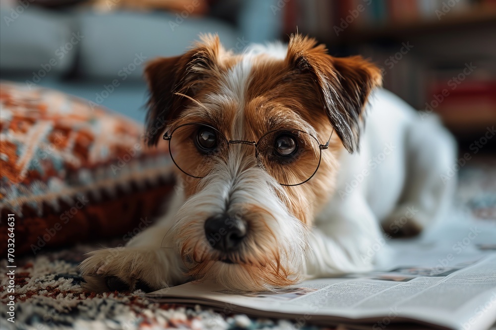 Intelligent dog wearing stylish glasses sits on chairs and reads a newspaper with interest