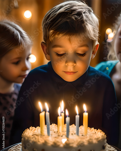 Chłopiec świętujący urodziny przy torcie ze świeczkami