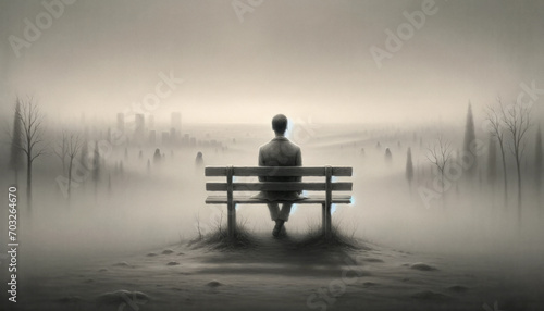 A poignant portrayal of apathy depicted as a solitary figure sitting on a bench photo