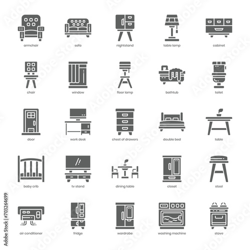 Furniture icon pack for your website design, logo, app, and user interface. Furniture icon glyph design. Vector graphics illustration and editable stroke.
