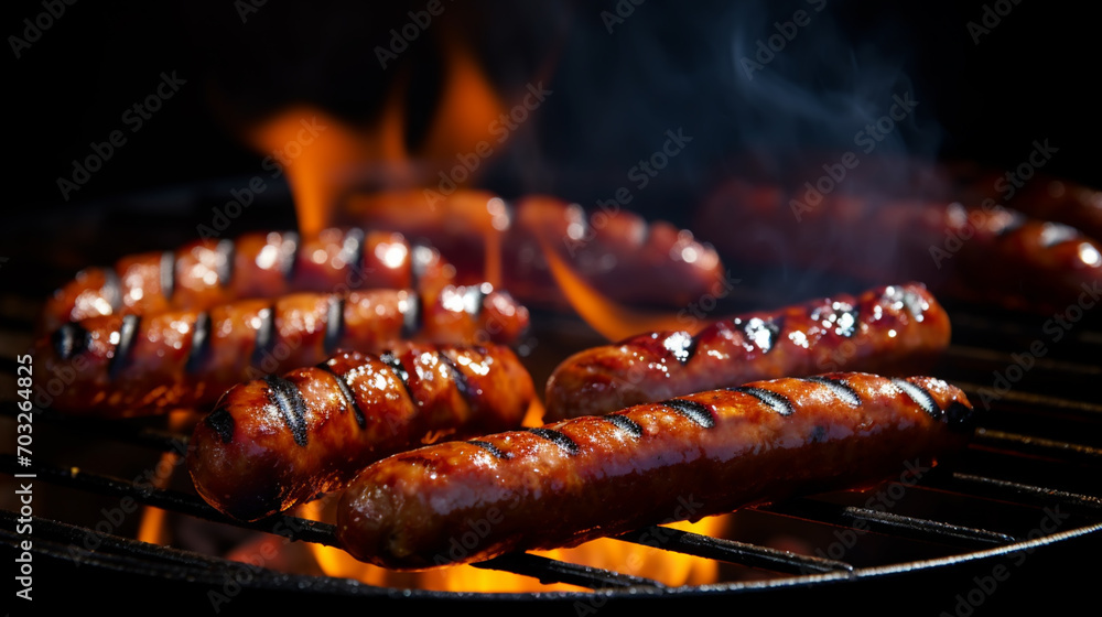 Grilled juicy sausages on a grill with fire. Shallow depth of field - obrazy, fototapety, plakaty 