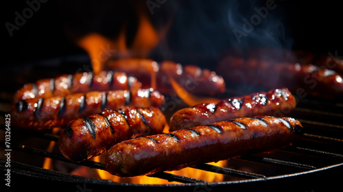 Grilled juicy sausages on a grill with fire. Shallow depth of field