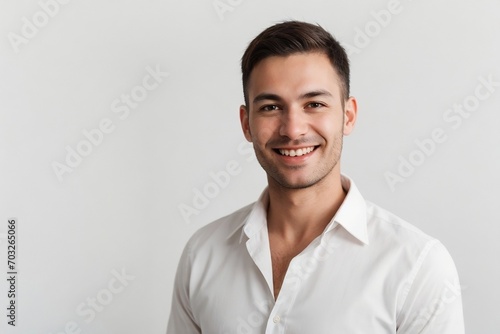 Businessman confidently smiling against the white background. Happy businesswoman concept.