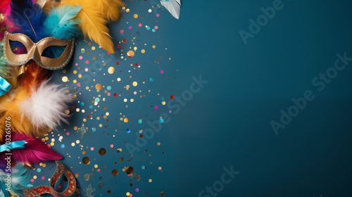 Colorful birthday or carnival background top view copy space in background, Ai generated image