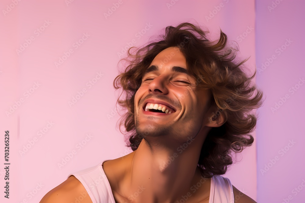 An exuberant male model laughing heartily against a soft lavender pink background. - obrazy, fototapety, plakaty 