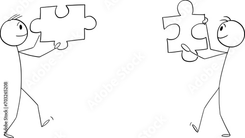 Persons or Businessmen Solving Puzzle Together, Vector Cartoon Stick Figure Illustration