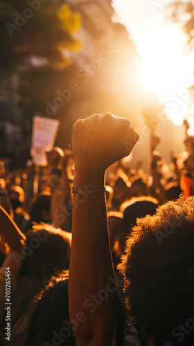  A Crowd of Protesters Raises Fists in the Air, Standing Firm in the Fight for Their Rights. The Sunlight Effect Illuminates the Spirit of Revolution and Protest, Voices United. photo