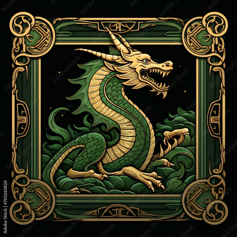 Green Wooden Dragon year border flat style on black background Generative AI 