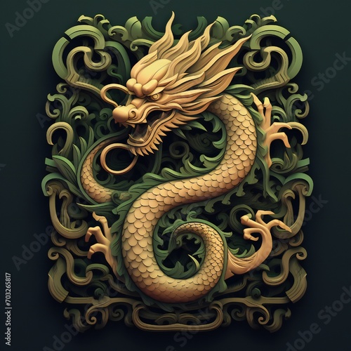 Green Wooden Dragon year border flat style on black background Generative AI  © LayerAce.com