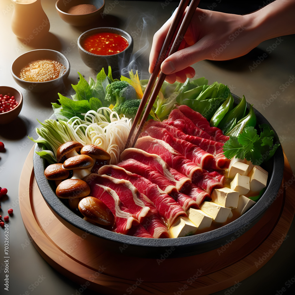 Japanese food sukiyaki buffet. Traditional sukiyaki vegetables. Japanese shabu shabu pot