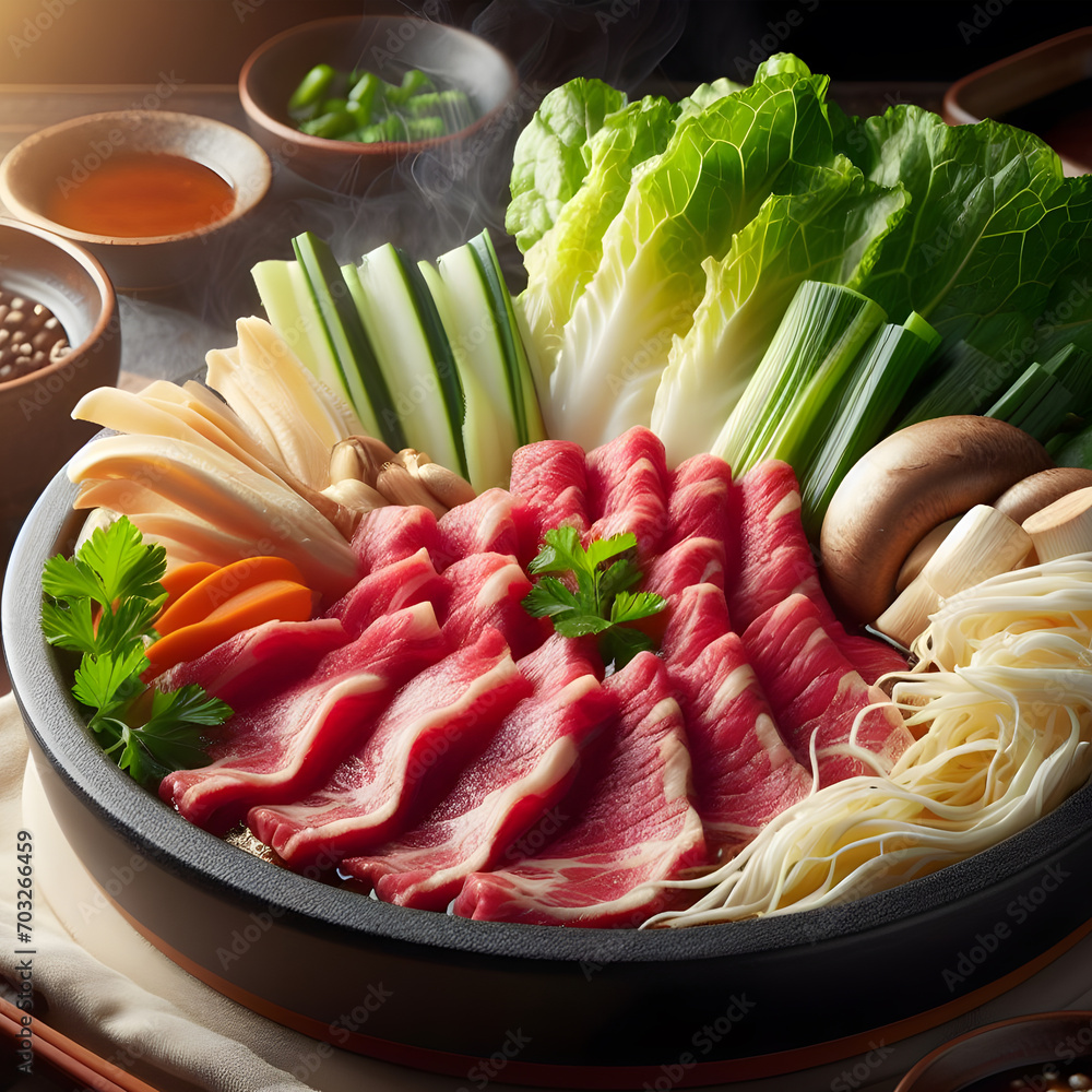 Japanese food sukiyaki buffet. Traditional sukiyaki vegetables