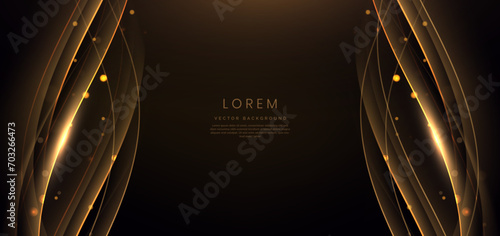 Gold curved ribbon on black background with lighting effect and sparkle with copy space for text. Luxury design style.