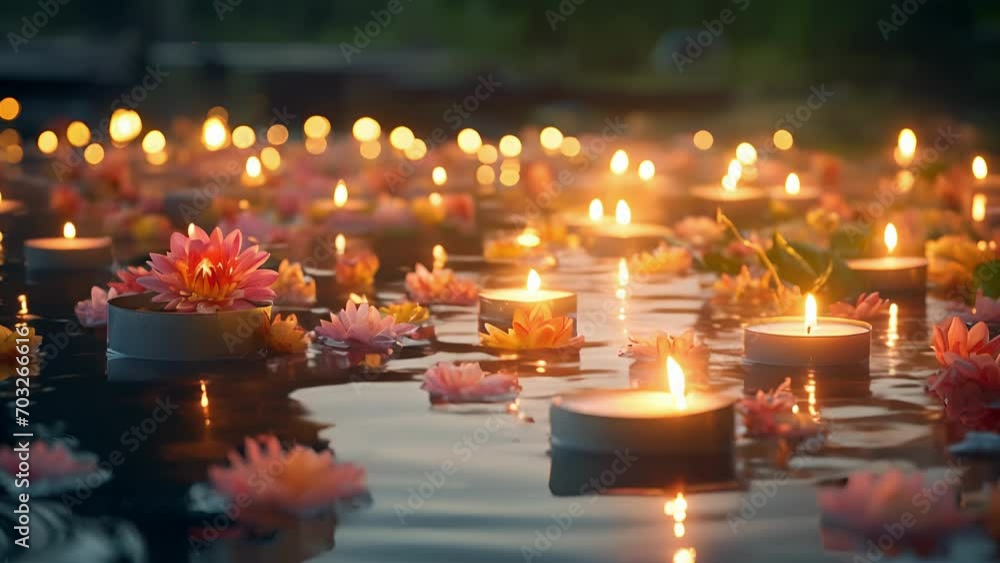 A stunning arrangement of floating candles in various sizes, shapes, and colors rests atop a serene pond, adding a touch of magic to the natural beauty of the scene. A stunning arrangement of floating candles in various sizes, shapes, and colors rests atop a serene pond, adding a touch of magic to the natural beauty of the scene.