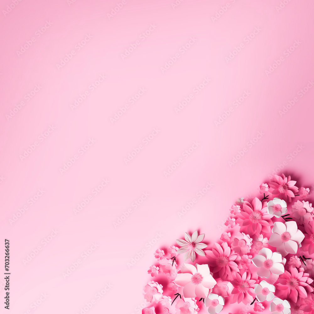 Pink square banner with flowers. Valentine's day concept background. For greeting card or product