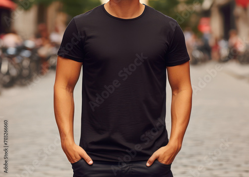 man wearing a black t-shirt