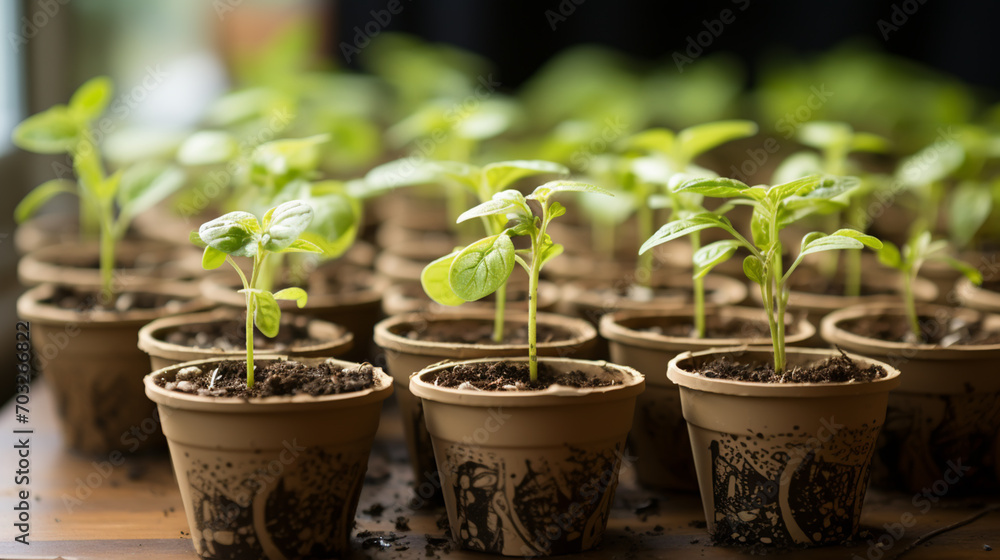 Potted flower seedlings growing in biodegradable peat moss pots on wooden background. Zero waste, recycling, plastic free gardening concept Potted flower seedlings growing in biodegradable peat moss pots on wooden background. Zero waste, recycling, plastic free gardening concept