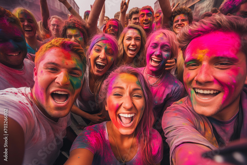 Cheerful people at the festival of colors Holi, generative AI photo
