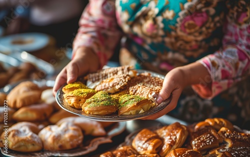 Muslim woman holding plate with Ramadan sweets photo