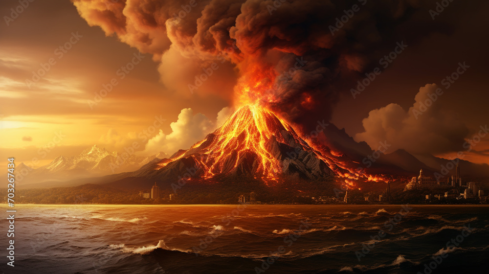 Massive Volcano Eruption. A large volcano erupting hot lava and gases into the atmosphere.