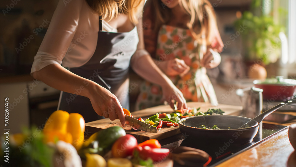 In a healthy family setting, a mother and daughter cook nutritious vegetables together in their home kitchen
