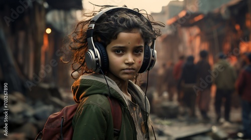 front view of a indian girl, in the area of slum, headphone