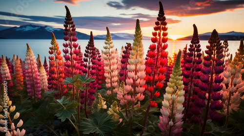 Field Of Colorful lupin Flowers With a Gorgeous Sunset in the Background photo