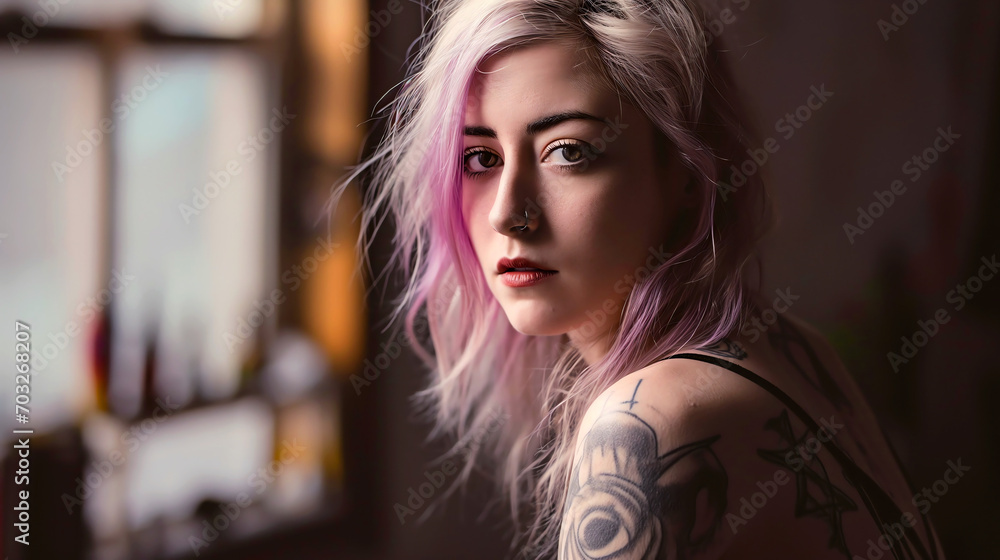 portrait of tattooed girl dark backdrop