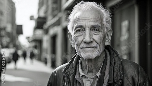 Black and white portrait of an elderly man with a thoughtful expression on a city street.