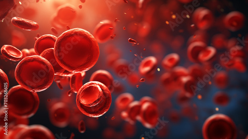 Red blood cells or erythrocytes and platelet flowing in blood vessle. Hematology medicine, anemia and leukemia diseases, hemoglobin blood cells deficiency concept. Generative AI. photo
