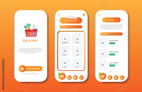 Application to buy groceries. Collection of online grocery store interface templates. Responsive GUI for mobile applications. Vector illustration
