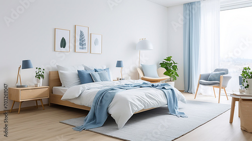 Simple and cozy bedroom with blue accents