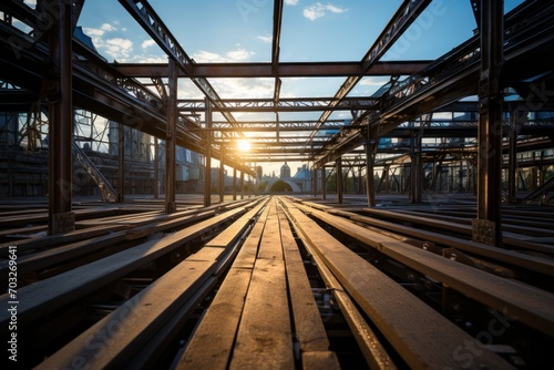 Flat roof featuring robust steel framework exposed to the elements, construction site photo
