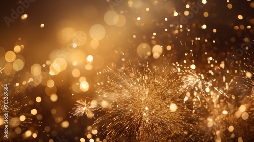 Gold sparkle particles abstract Background.Christmas Golden light shine particles bokeh on navy black background. Holiday concept © Muhammad Hammad Zia