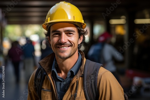 Happy young male construction worker smiles while confidently sporting a hard hat at the job site, construction image