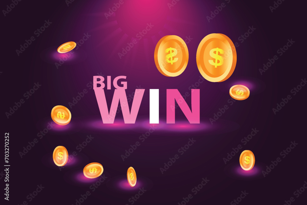 Big Win congratulations in frame illustration for casino or online games Explosion coins on purple lighting