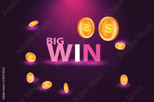 Big Win congratulations in frame illustration for casino or online games Explosion coins on purple lighting