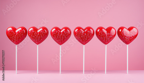 Piruletas rojas con forma de corazon y palito blanco sobre fondo rosa. Concepto San Valentin photo