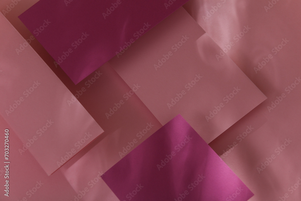 Obraz premium Set of pink floating blank card sheets with shadow on pink background. Minimalism business brand template, creative layout