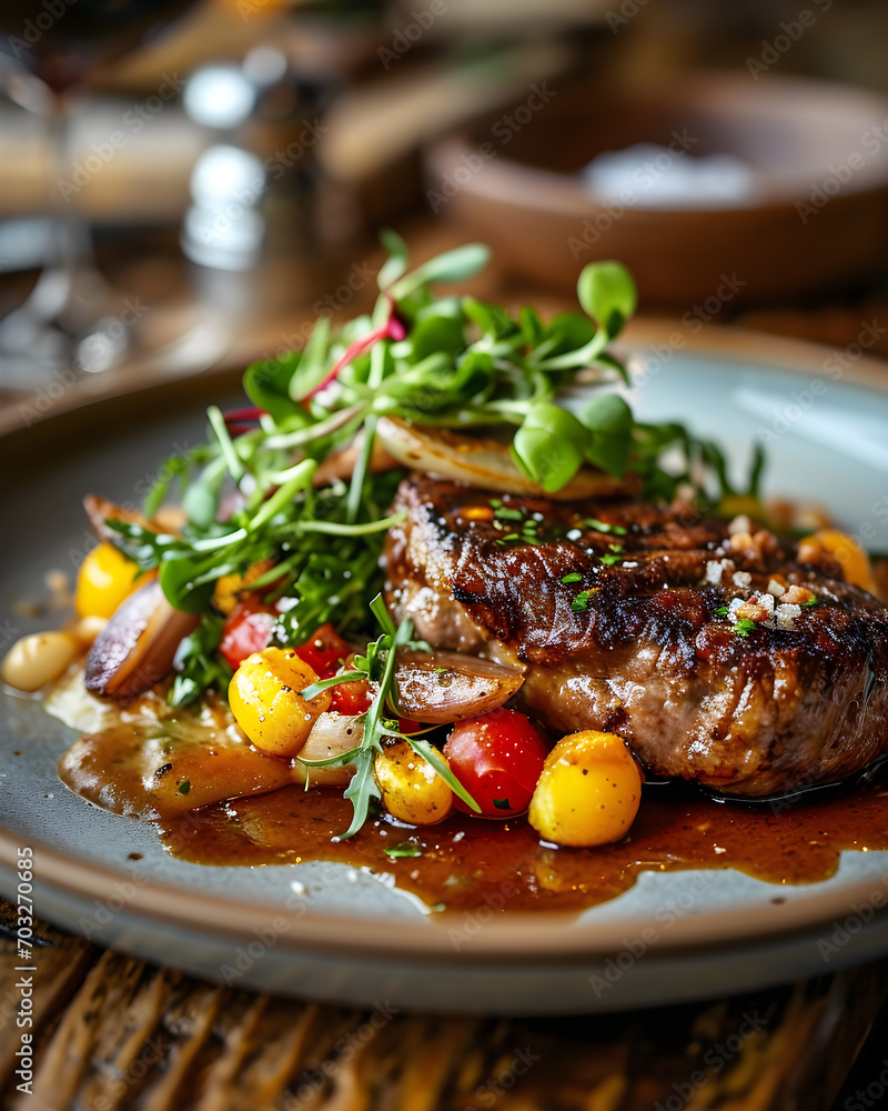 A beautifully arranged plate of steak with fresh ingredients, including a garnish of herbs, and a colorful salad. Natural light and soft shadows, Generative AI A beautifully arranged plate of steak with fresh ingredients, including a garnish of herbs, and a colorful salad. Natural light and soft shadows, Generative AI