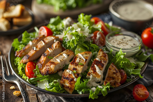  Plate of caesar salad with crisp lettuce, grilled chicken slices, cherry tomatoes, croutons, and Parmesan cheese. Food photography, Generative AI photo