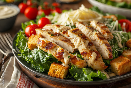 Closed up of  caesar salad with fresh lettuce, grilled chicken slices, cherry tomatoes, croutons, and Parmesan cheese. Food photography, healthy and wellness, Generative AI photo