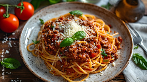 Spaghetti Bolognese topped with juicy red sauce made with ground beef, tomatoes, and herbs. Topped with grated Parmesan cheese and fresh basil, Generative AI photo
