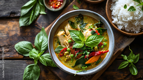 Overhead shot of a bowl of Thai chicken green curry with vegetables, and aromatic herbs. Served with jasmine rice, and garnished with fresh basil leaves, created with Generative AI photo