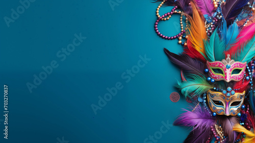 Colourful mardi gras beads, feathers and carnival masks on multi single colored background with copy space top view copy space in background, Ai generated image