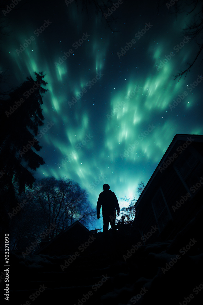 Man looking at aurora borealis in the night sky above the village Man looking at aurora borealis in the night sky above the village