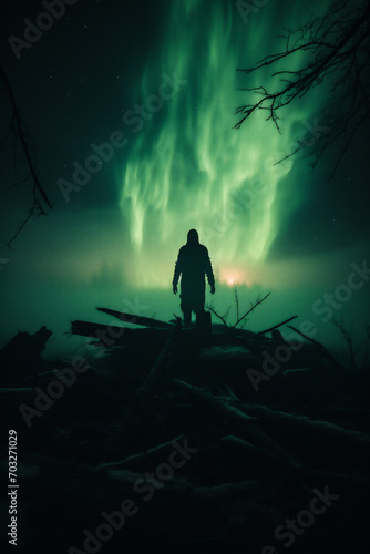 Man in the dark forest at night. Foggy mystical landscape.