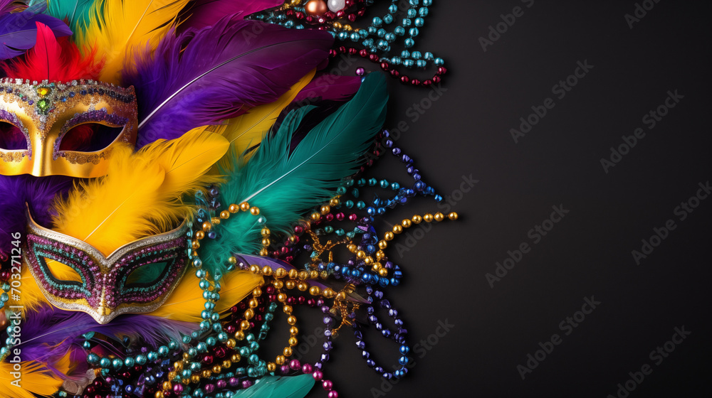 Fototapeta premium Colourful mardi gras beads, feathers and carnival masks on multi single colored background with copy space top view copy space in background, Ai generated image